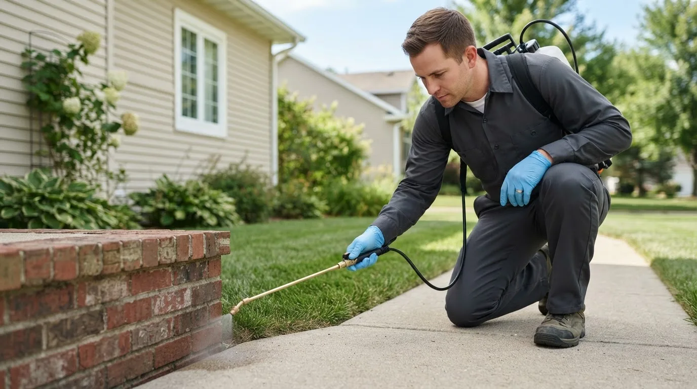 Pest control technician treating a home near Lynn, MA